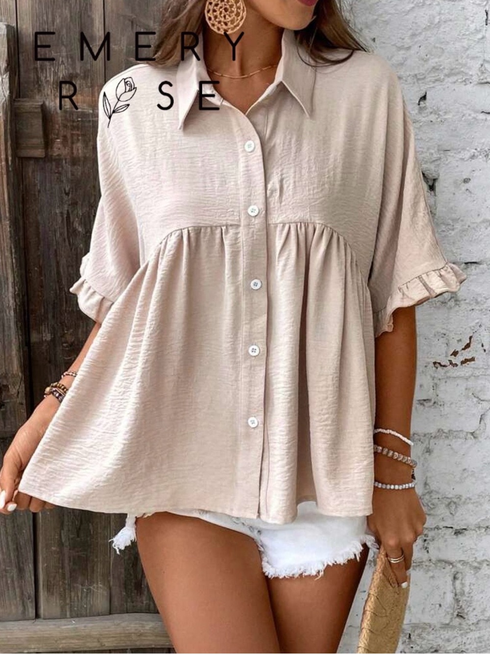 SHEIN Beige Button-Front Ruffle Peplum Blouse